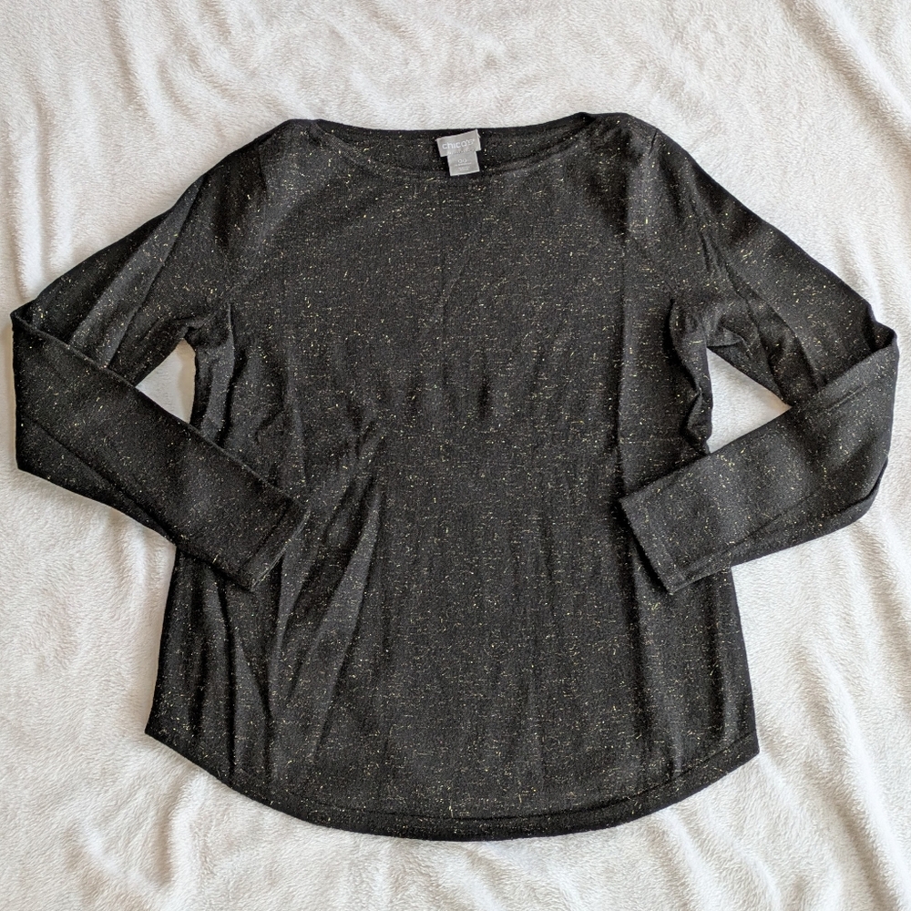 Chico's Black w/ Gold Thread Bateau Neck Sweater Size XS (Chico's Size 00)